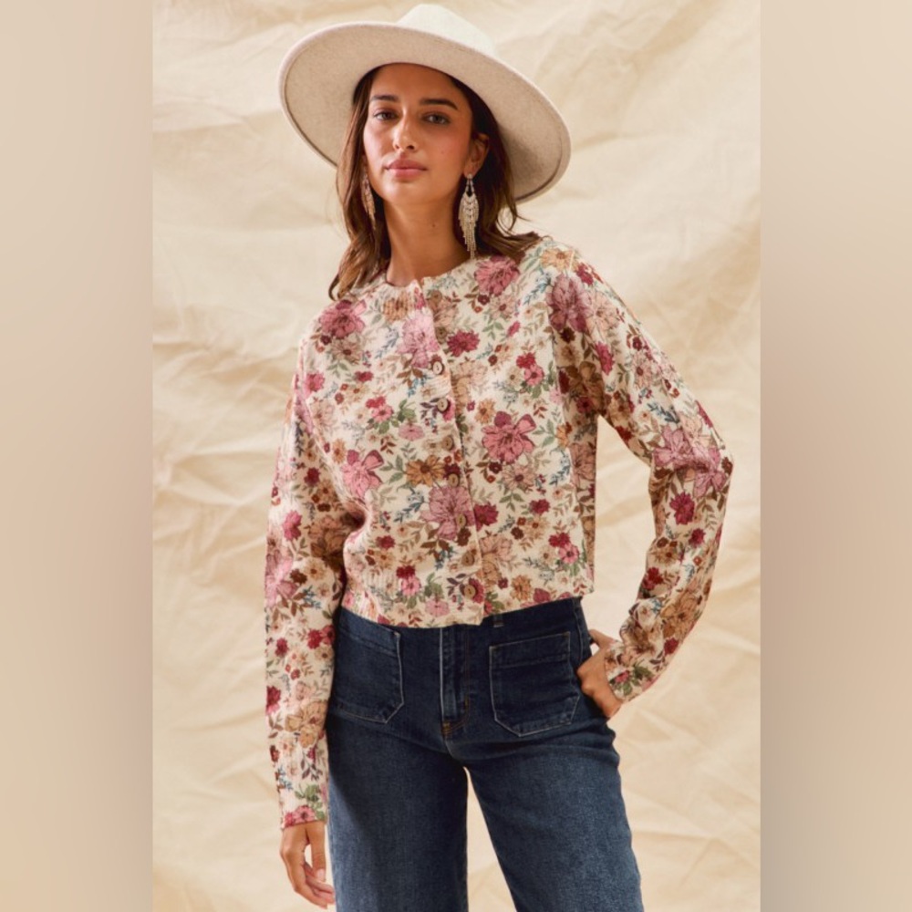 Clay Rose Floral Print western boho Button Down Cardigan Sweater tunic top - Picture 5 of 6